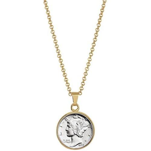 American Coin Treasures Silver Mercury Dime Goldtone Coin Pendant with 18'' Chain Necklace - Genuine and Elegant Keepsake Jewelry for Women | White Luxury Gift Box Included