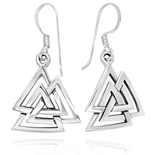 925 Sterling Silver Valknut Viking Knot Norse Runes Odin Dangle Earrings