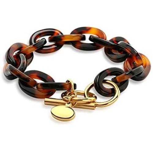 Bling Jewelry Fashion Brown Golden Acrylic Tortoise Shell Oval Chain Link Bracelet for Women Gold Plated Stainless Steel