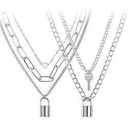 BVROSKI Chains Necklace for Eboy Egirl Men Male Emo Goth Women Teen Girls Boys,2 Layered Lock Key Pendants Necklaces Set,Stainless Steel Jewelry Pack for Pants Punk Play