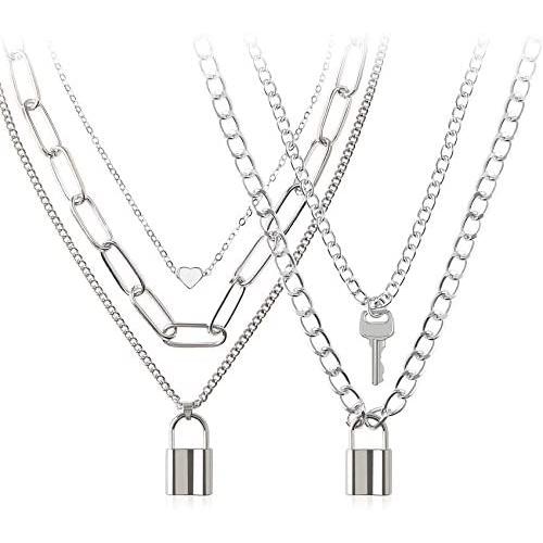 BVROSKI Chains Necklace for Eboy Egirl Men Male Emo Goth Women Teen Girls Boys,2 Layered Lock Key Pendants Necklaces Set,Stainless Steel Jewelry Pack for Pants Punk Play
