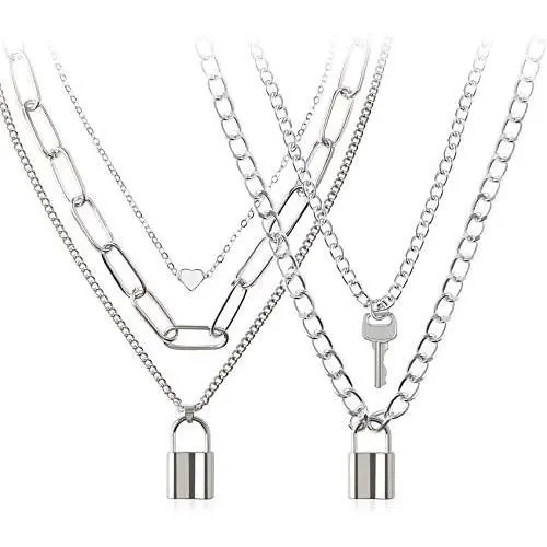 BVROSKI Chains Necklace for Eboy Egirl Men Male Emo Goth Women Teen Girls Boys,2 Layered Lock Key Pendants Necklaces Set,Stainless Steel Jewelry Pack for Pants Punk Play BVROSKI Chains Necklace for Eboy Egirl Men Male Emo Goth Women Teen Girls Boys,2 Layered Lock Key Pendants Necklaces Set,Stainless Steel Jewelry Pack for Pants Punk Play