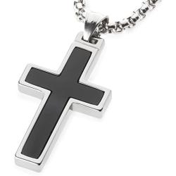 Unique GESTALT Onyx Inlay Tungsten Cross Pendant. 4mm Wide Surgical Stainless Steel Box Chain.