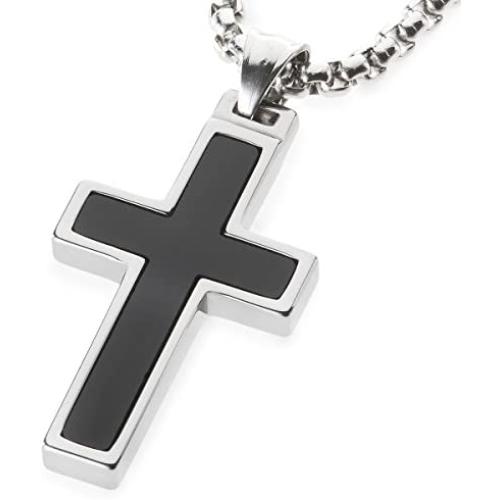 Unique GESTALT Onyx Inlay Tungsten Cross Pendant. 4mm Wide Surgical Stainless Steel Box Chain.