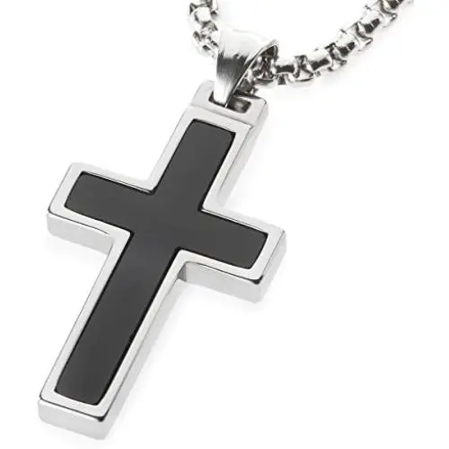 Unique GESTALT Onyx Inlay Tungsten Cross Pendant. 4mm Wide Surgical Stainless Steel Box Chain. Unique GESTALT Onyx Inlay Tungsten Cross Pendant. 4mm Wide Surgical Stainless Steel Box Chain.