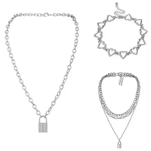 Salircon 3 PCS Punk Chain Necklace for Women Men Teen Girls Gothic Layered Lock Pendant Necklaces Set Heart Choker