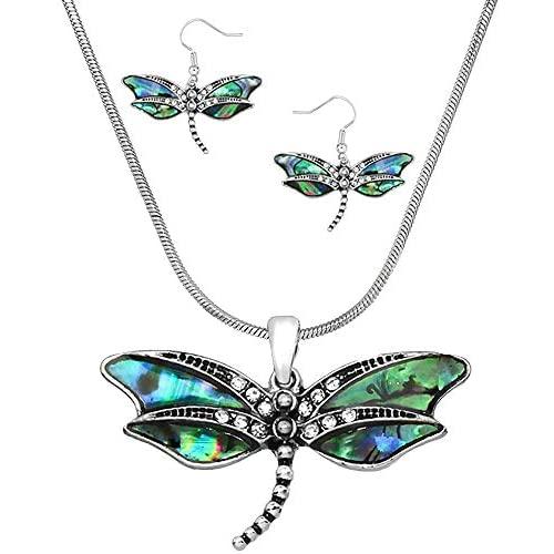 Lola Bella Gifts Abalone Dragonfly Necklace and Earrings Set with Gift Box