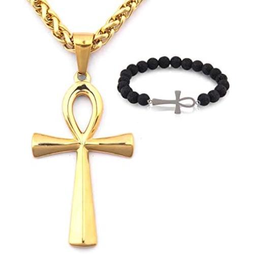 GUNGNEER Goldtone Mens Stainless Steel Religious Ankh Cross Pendant Necklace Key of Eternal Life Protection Jewelry