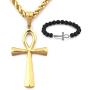 GUNGNEER Goldtone Mens Stainless Steel Religious Ankh Cross Pendant Necklace Key of Eternal Life Protection Jewelry