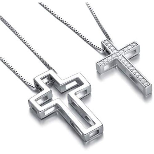 SOULMEET Matching Cross Sterling Silver Couple Necklace with Diamond Cut Round Cubic Zirconia Always Be with You Cross Faith Jewelry Gift Idea