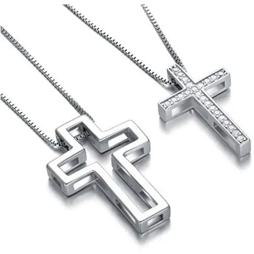 SOULMEET Matching Cross Sterling Silver Couple Necklace with Diamond Cut Round Cubic Zirconia Always Be with You Cross Faith Jewelry Gift Idea