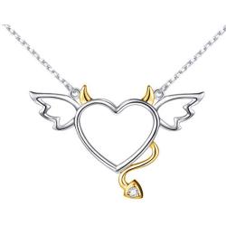 DAOCHONG Two-Tone 925 Sterling Silver Devil Heart with Wings Pendant Necklace for Women Girls Halloween Gift