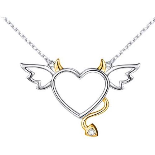DAOCHONG Two-Tone 925 Sterling Silver Devil Heart with Wings Pendant Necklace for Women Girls Halloween Gift