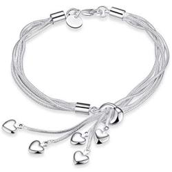 925 Sterling Silver Five-Line Chain with Five-Heart Bracelet Bangle