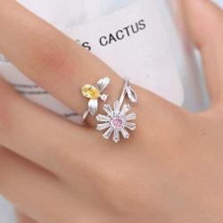 Adjustable Womens Band Birthstone Ring Cubic Zirconia Anti-Anxiety Open Flower and Bee Spinning Rings Girls Rotatable Calming Worry Meditation Ring Birthday Christmas Jewelry Gifts for Relieving Boredom ADHD, Anxiety,Autism