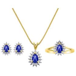 RYLOS Matching Jewelry For Women 14K Yellow Gold Diamond & Blue Star Sapphire Matching Earrings, Pendant Necklace and Ring Set with 18'' Chain 6X4MM Jewelry For Women Womens Jewelry Gold Jewelry