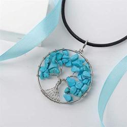 YACQ Tree of Life Gemstone Cluster Pendant Necklace Wire Wrapped Healing Chakra Spiritual Raw Stone Tumbled Handcrafted Jewelry for Women 18''+2''