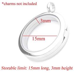 Zysta Silver Round Locket Pendant Necklace 30mm Glossy Stainless Steel Clear Glass Living Memory Floating Charms Stone Storage