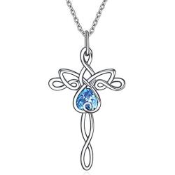 UCADRIT Angel Cross Necklace for Women 925 Sterling Silver with March Birthstone Guardian Angel Jewelry Gifts for Women