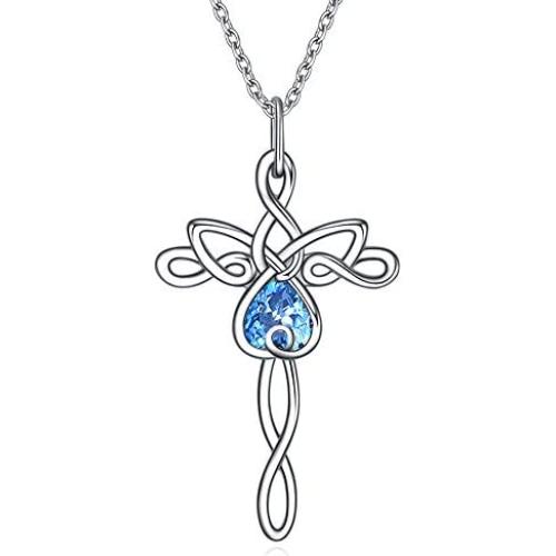 UCADRIT Angel Cross Necklace for Women 925 Sterling Silver with March Birthstone Guardian Angel Jewelry Gifts for Women