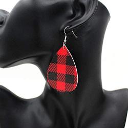 FUTIMELY 4 Pieces Christmas Plaid Jewelry Set Gifts for Women,Christmas Red Black Buffalo Plaid Print Earrings and Multi-Layer Bracelet Faux Leather Necklace Set