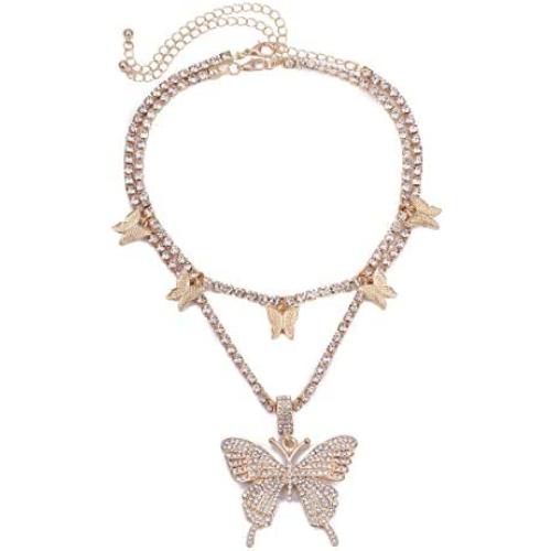 Colorful Statement Big Butterfly Pendant Chunky Chain Choker Necklace Rhinestone Crystal Tennis Chain Tiered Collar Necklace for Women Girl Party Jewelry Gift