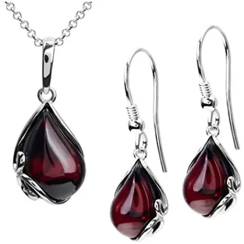 Cherry Amber Sterling Silver Earrings Pendant Necklace Set Chain 18'' Cherry Amber Sterling Silver Earrings Pendant Necklace Set Chain 18''