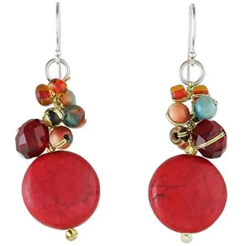 NOVICA Calcite .925 Sterling Silver Cluster Earrings, Red Circles NOVICA Calcite .925 Sterling Silver Cluster Earrings, Red Circles
