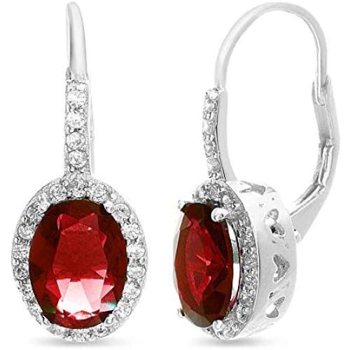 MIA SARINE Rhodium Plated Sterling Silver Oval Simulated Gemstone and Cubic Zirconia Bridal Leverback Earring