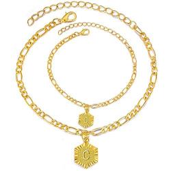 BELLA-Bee Initial Letter Pendant Necklace Tiny Hexagon Monogram Foot Anklet Figaro Link Chain Chain Bracelet 18 K Gold Plated Stainless Steel Necklace for Women Girls Jewelry