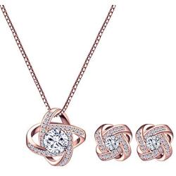 AMYJANE Bridal Jewelry Set for Women - Crystal Cubic Zirconia Love Knot Necklace Stud Earrings Elegant CZ Jewelry Set for Wedding Bride Bridesmaids Gift Set