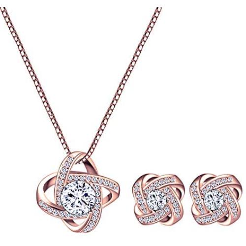AMYJANE Bridal Jewelry Set for Women - Crystal Cubic Zirconia Love Knot Necklace Stud Earrings Elegant CZ Jewelry Set for Wedding Bride Bridesmaids Gift Set