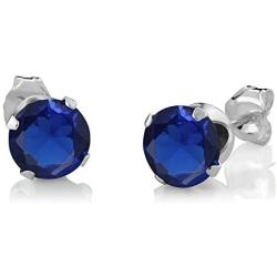 Gem Stone King 925 Sterling Silver Simulated Sapphire Pendant Necklace and Earrings Set 2.40 Cttw Round with 18 Inch Silver Chain