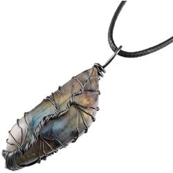SUNYIK Natural Labradorite Stone Pendant Necklace for Unisex, Handmade Wire Wrapped Irregular Jewelry for Healing