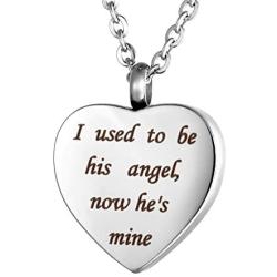 Valyria Heart Cremation Urn Necklace Memorial Keepsake Jewelry - Engraved I Used to be his Angel, Now Hes Mine