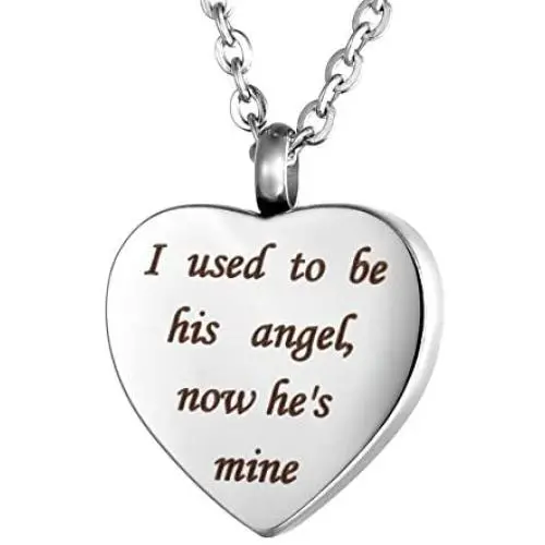 Valyria Heart Cremation Urn Necklace Memorial Keepsake Jewelry - Engraved I Used to be his Angel, Now Hes Mine Valyria Heart Cremation Urn Necklace Memorial Keepsake Jewelry - Engraved I Used to be his Angel, Now Hes Mine