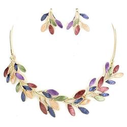 Hush Purple Green Blue Burgundy Peach Bib Necklace on Gold-Tone with Earrings