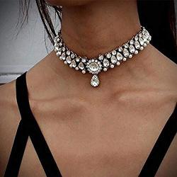 Anglacesmade Bohemia Rhinestone Choker Crystal Necklace Pearl Choker Wedding Jewelry Bridal Necklace Diamond Pendant Choker for Women and Girls (Silver)