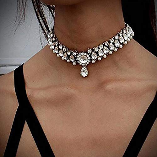 Anglacesmade Bohemia Rhinestone Choker Crystal Necklace Pearl Choker Wedding Jewelry Bridal Necklace Diamond Pendant Choker for Women and Girls (Silver)