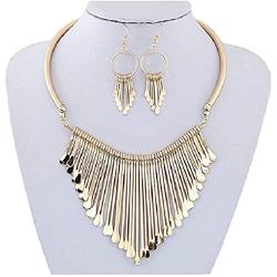 Glibrillody Wcysin Big Tassel Luxury Necklace Earring Set Sweater Chain Big Statement Necklace Jewelry for Women Girls (Gold)