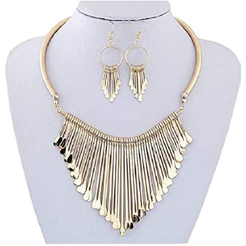 Glibrillody Wcysin Big Tassel Luxury Necklace Earring Set Sweater Chain Big Statement Necklace Jewelry for Women Girls (Gold)