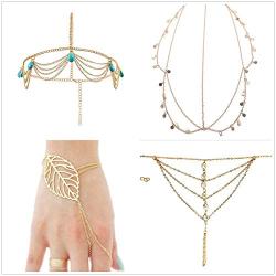 PPX 4 Gold Head Chain Set, Bohemian Style Circle Sequins Chain Jewelry Forehead Hair Band Clasp Decorations and Hair Band Tassels Pearl and Crystal Bracelet Slave Finger Ring Hand Harness with Box