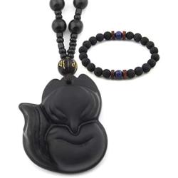 Gungneer Fox Obsidian Necklace Pendant Adjustable Cotton Chain Wisdom Talisman Fengshui Jewelry for Men Women