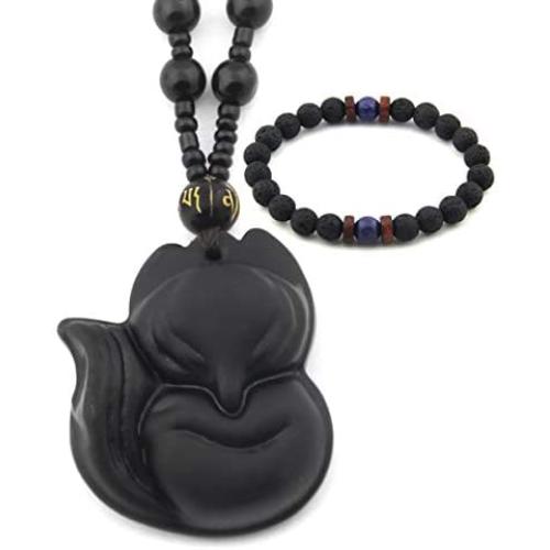 Gungneer Fox Obsidian Necklace Pendant Adjustable Cotton Chain Wisdom Talisman Fengshui Jewelry for Men Women