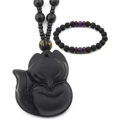 Gungneer Fox Obsidian Necklace Pendant Adjustable Cotton Chain Wisdom Talisman Fengshui Jewelry for Men Women Gungneer Fox Obsidian Necklace Pendant Adjustable Cotton Chain Wisdom Talisman Fengshui Jewelry for Men Women