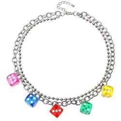 Harajuku Cute Colorful Dices Beaded Pendant Necklave Punk Funny Acrylic Dice Strand Choker Necklace Party Game Hip Hop Jewelry for Women Girls Gifts
