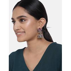Aheli Tradional Oxidised Silver Antique Design Stone Studded Dangler Earrings for Women Girls