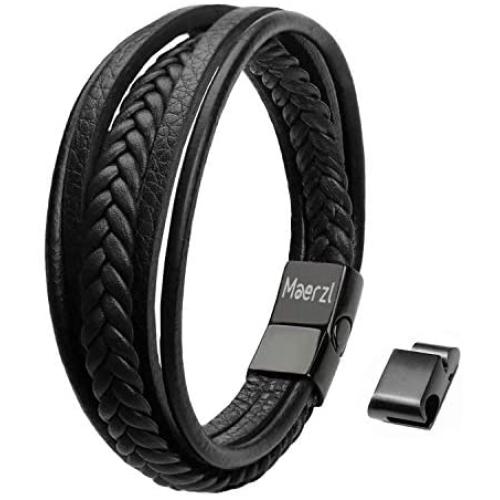Maerzl Mens Bracelet Leather Magnetic Stainless Steel Clasp Wrap Genuine Leather Braided Bracelet Wrist Cuff Bangle