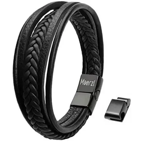 Maerzl Mens Bracelet Leather Magnetic Stainless Steel Clasp Wrap Genuine Leather Braided Bracelet Wrist Cuff Bangle