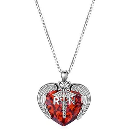 AOBOCO Sterling Silver Registered Nurse RN Caduceus Pendant Necklace with Angel Heart Charm Made with Blue Red Austrian Crystal, Nurse Nursing School Graduation Gifts for Women